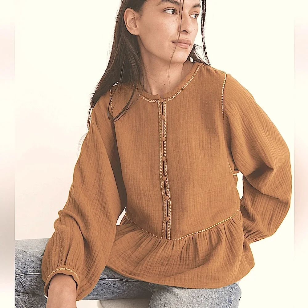 Madewell Embroidered Lightspun Long Puff Sleeves Covered Buttons Boho Top XS